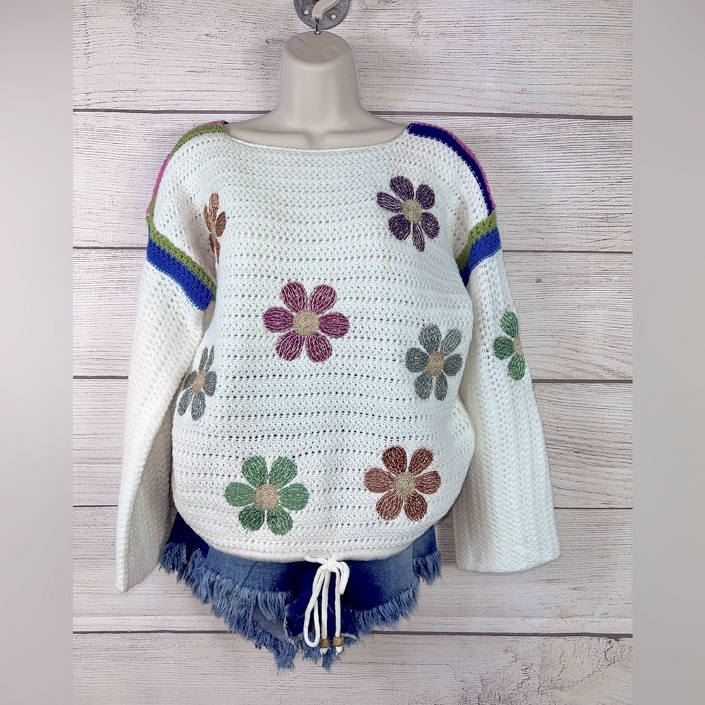 Mello Retro Embroidered Daisy Floral Drawstring Hem Knit Sweater 💗